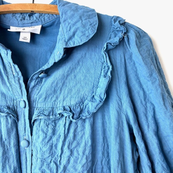 Sandy Liang Oversized Mini Shirt Dress XS Blue Crinkle Coquette Cottagecore Puff - Picture 3 of 10